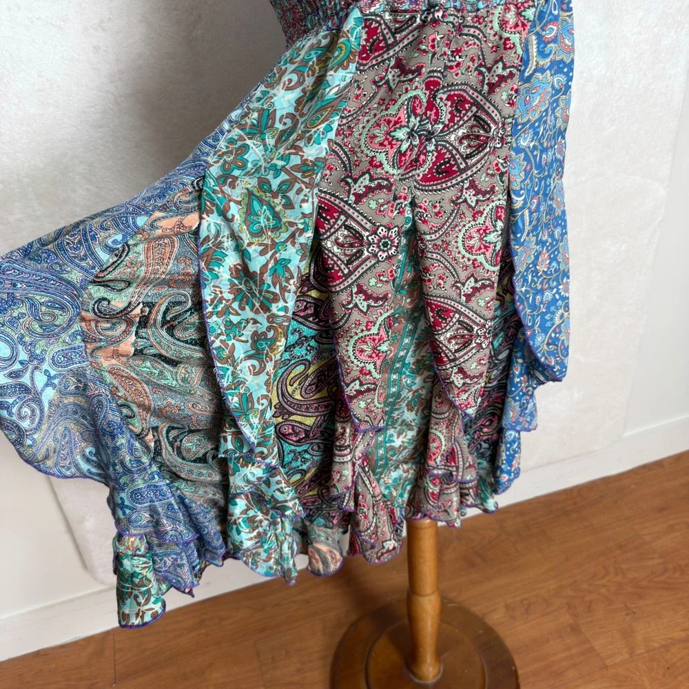 Boho Paisley Patchwork Smocked Convertible Maxi Skirt Tube Dress Blue